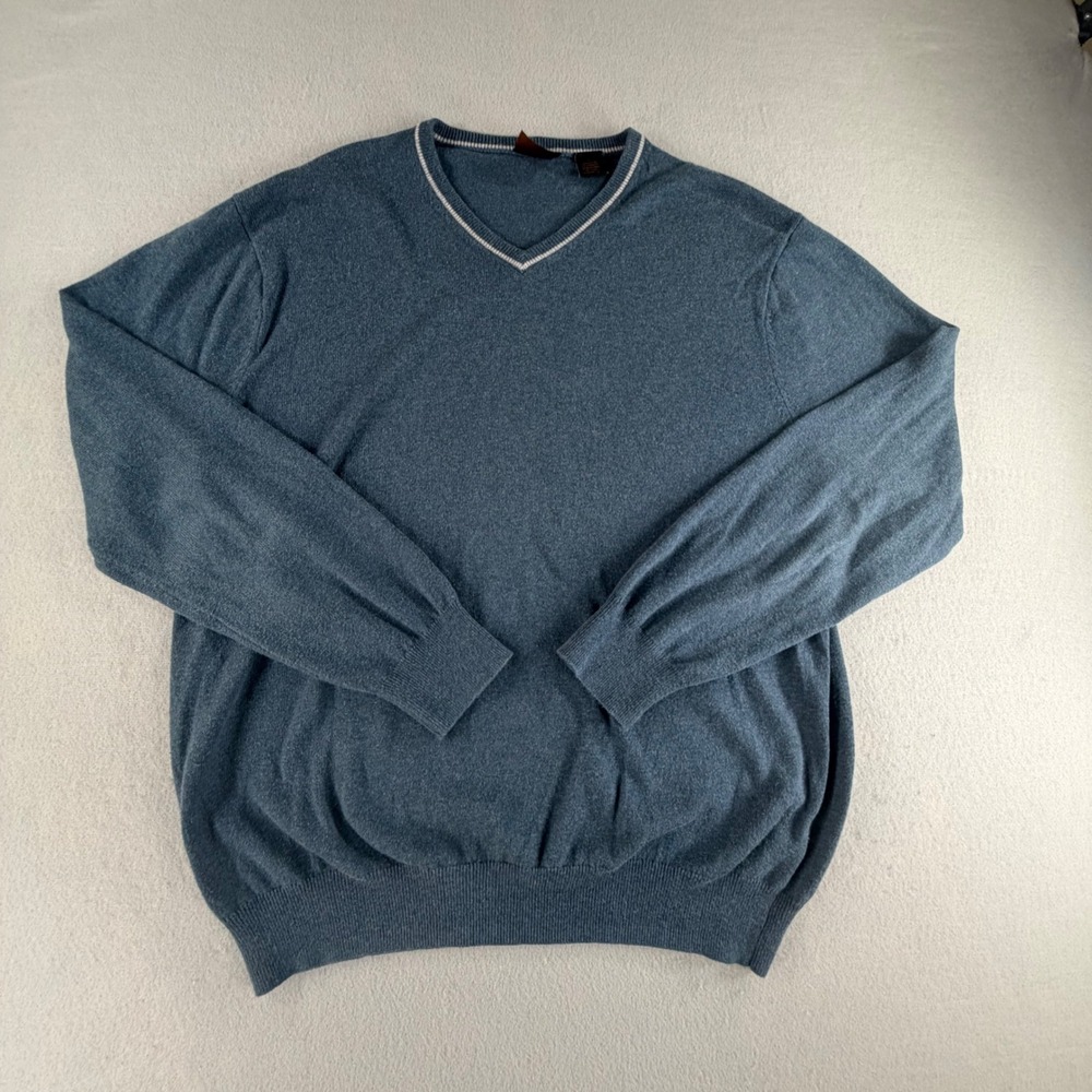 Joseph A Bank Men's L Blue V-Neck Pullover Sweater Cotton Cashmere Blend Preppy
